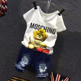 2016 Children Cartoon Bear White T Shirt Ripped Denim Shorts 2 Pieces Girls Casual Summer Boys Clothing Sets
