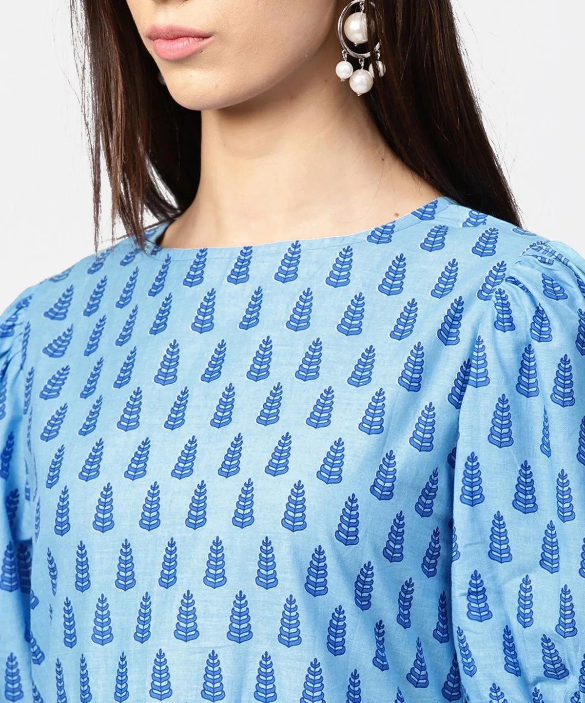 Blue Printed Ballon Style Puff Sleeve Cotton A-Line Dress