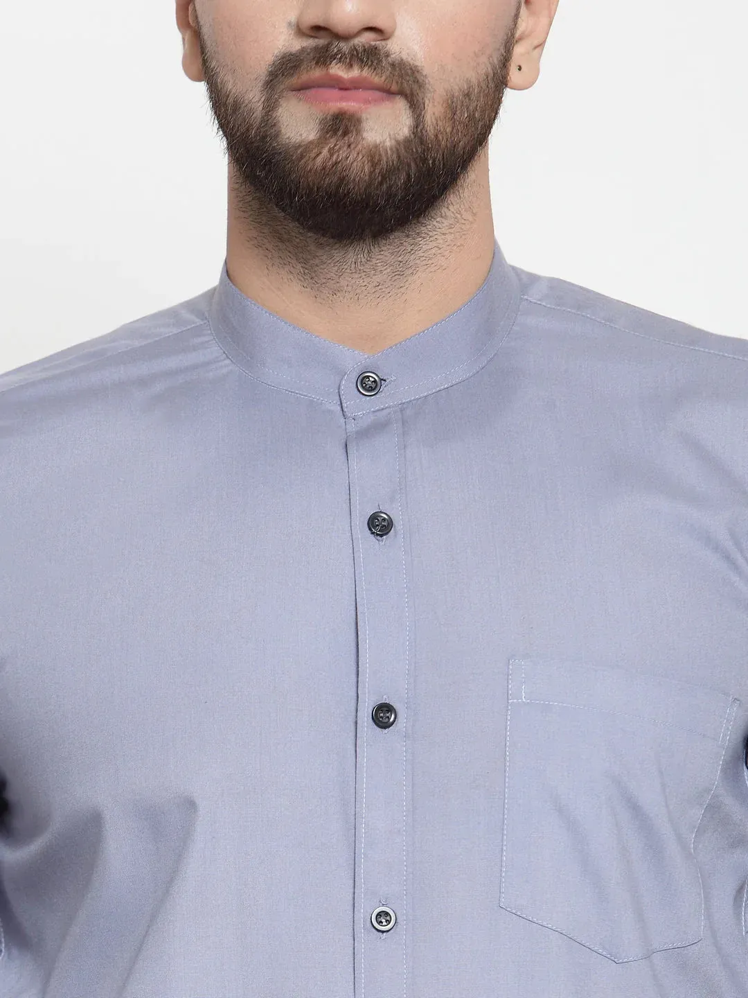 Grey Men'S Cotton Solid Mandarin Collar Formal Shirts