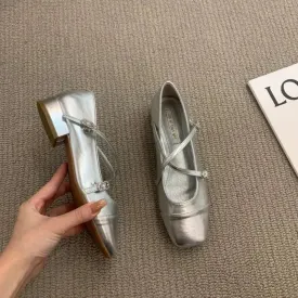 Hnzxzm Mary Jane Pumps Chunky Heel Silver Square Toed Single Women's Shoes 2024 New Spring Belt Buckle Shoes for Women