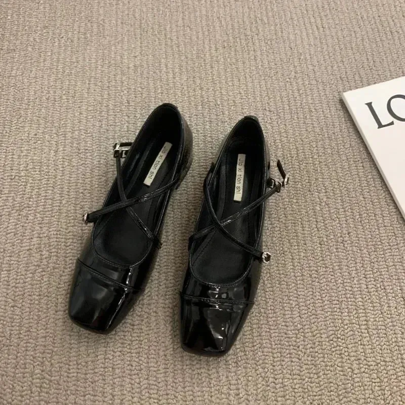 Hnzxzm Mary Jane Pumps Chunky Heel Silver Square Toed Single Women's Shoes 2024 New Spring Belt Buckle Shoes for Women