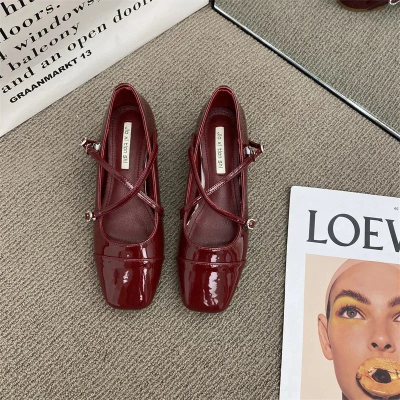 Hnzxzm Mary Jane Pumps Chunky Heel Silver Square Toed Single Women's Shoes 2024 New Spring Belt Buckle Shoes for Women