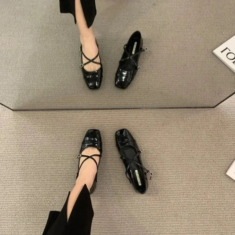 Hnzxzm Mary Jane Pumps Chunky Heel Silver Square Toed Single Women's Shoes 2024 New Spring Belt Buckle Shoes for Women
