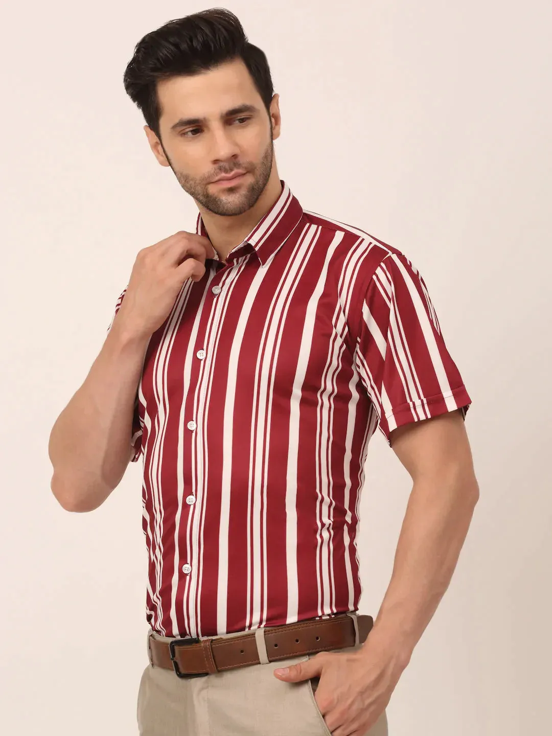 Men'S Lycra Striped Half Sleeve Formal Shirts
