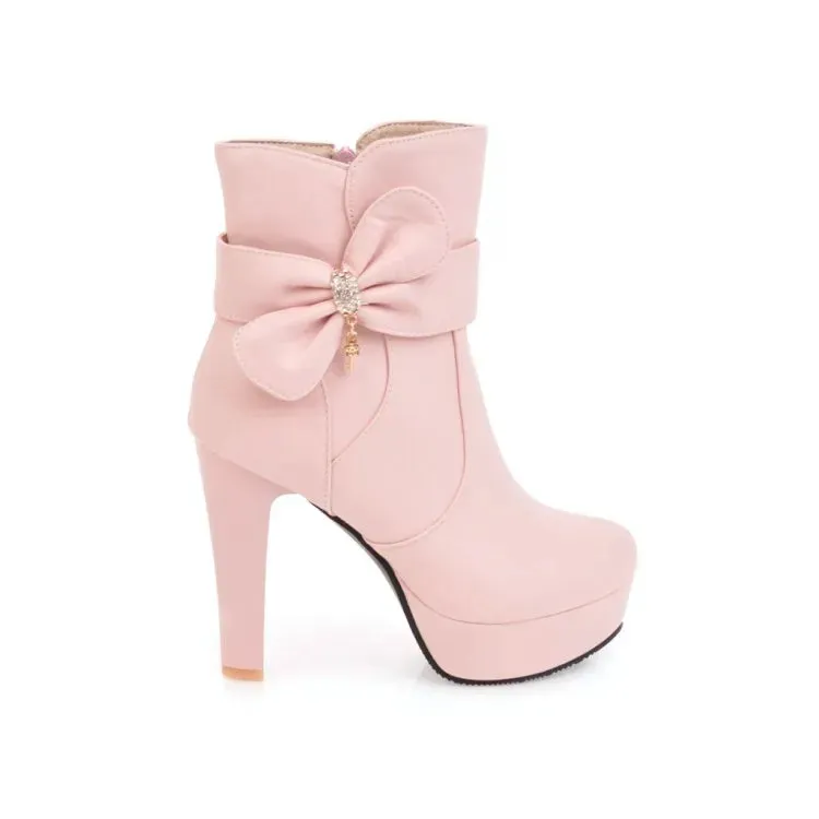 Sohiwoo High heel children sweet bow thick heel boots students  vintage round head plus cashmere keep warm women shoes cute bowknot