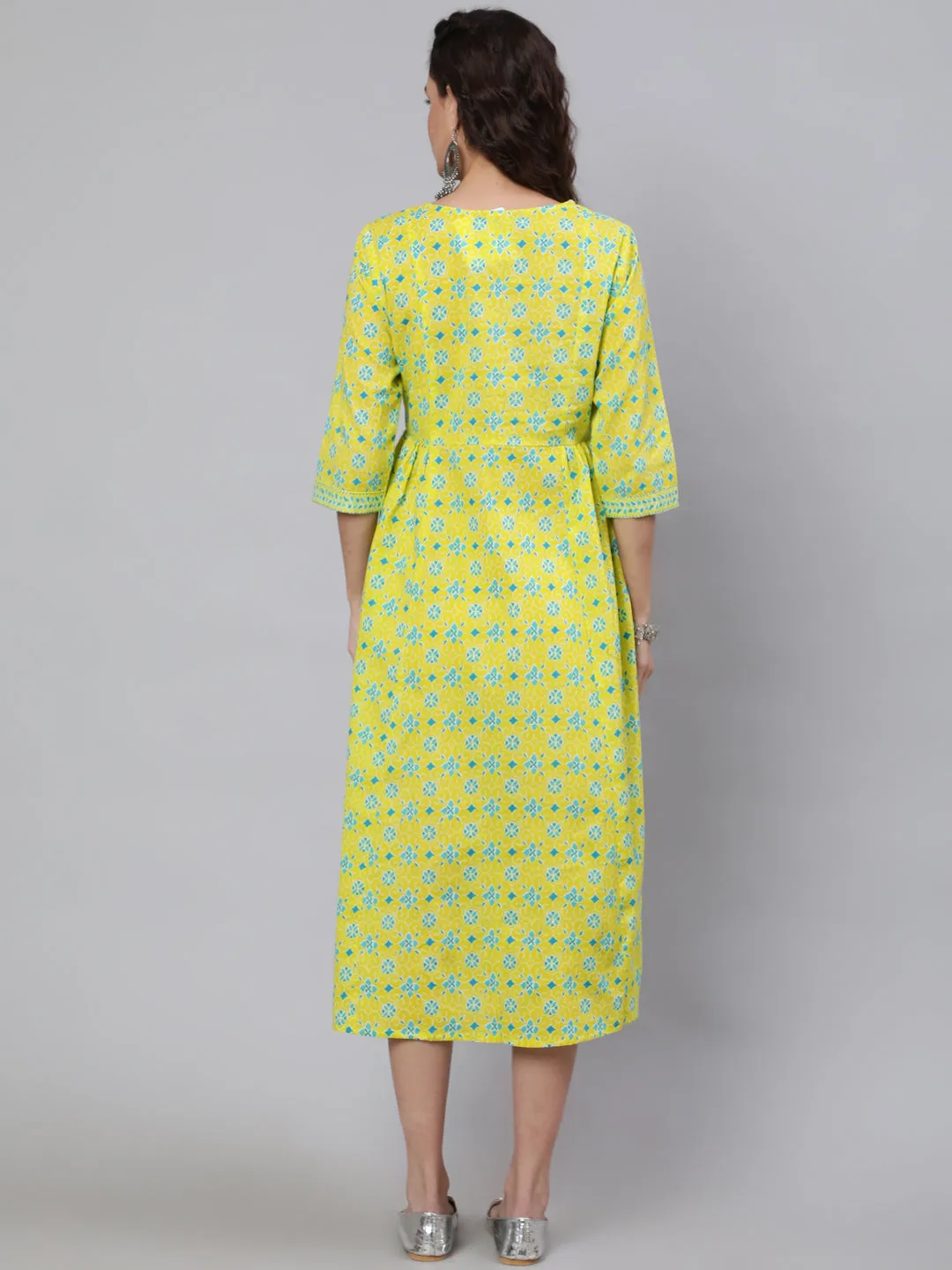 Wome Yellow Ethnic Printed Flared Dress With Three Quarter Sleeves